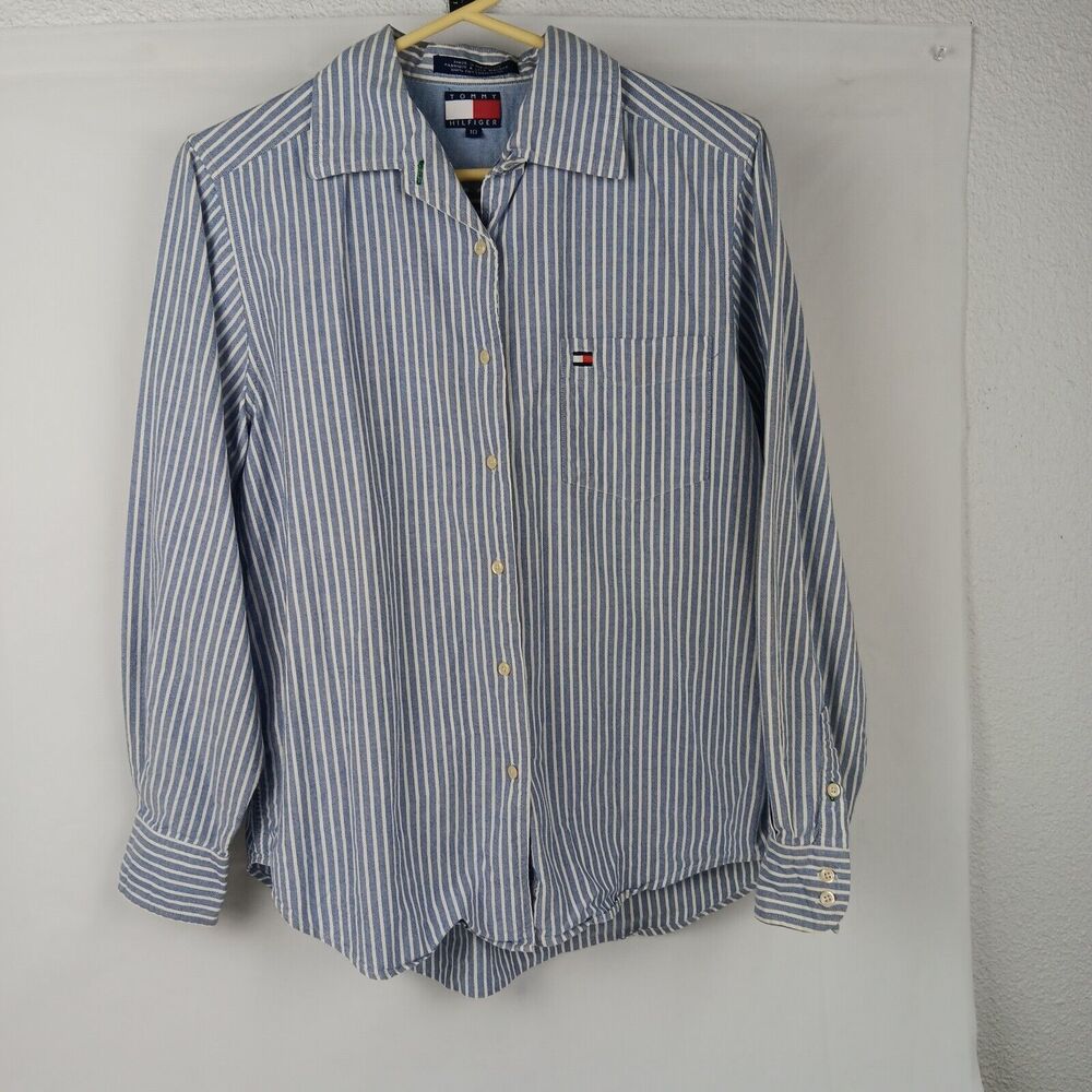 Tommy Hilfinger  Mens Shirt Sz 10  Long Sleeve 100% Cotton Blue Stripe Button Up